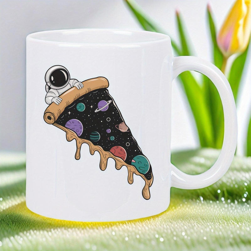 Tailorly White Ceramic 11 oz Mug - Cosmic Space Themed Pizza Slice With Small Cute Cartoon Astronaut