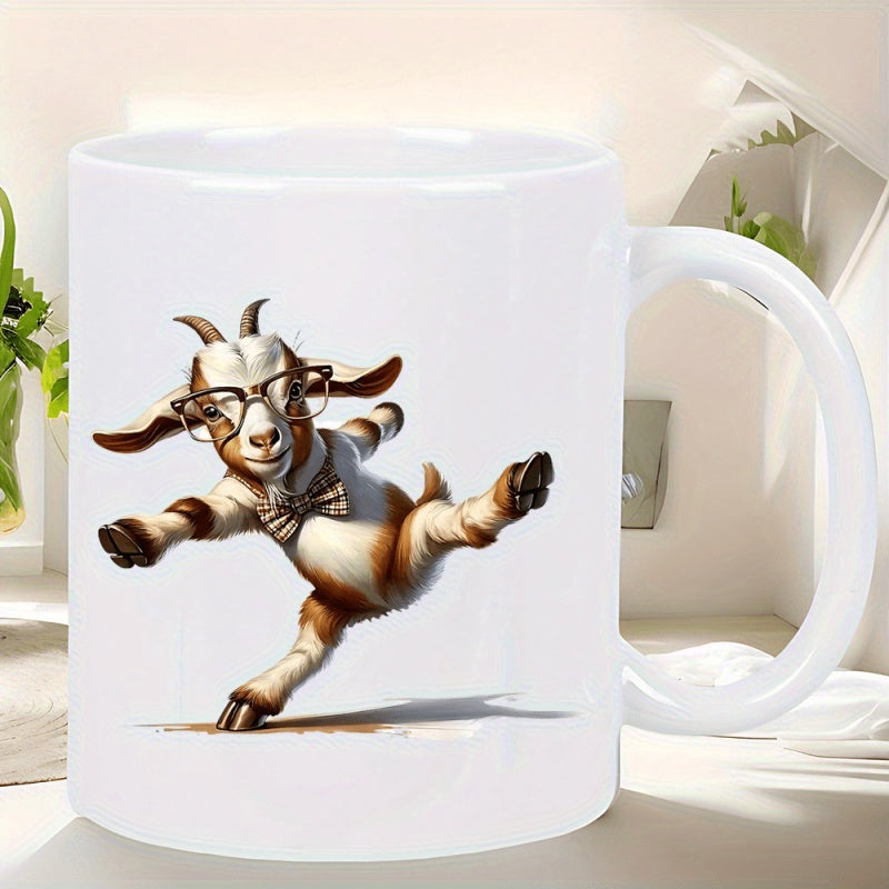 Tailorly White Ceramic 11 oz Mug - Whimsical Dancing Goat Wearing Bowtie And Glasses In A Playful Stance Goat