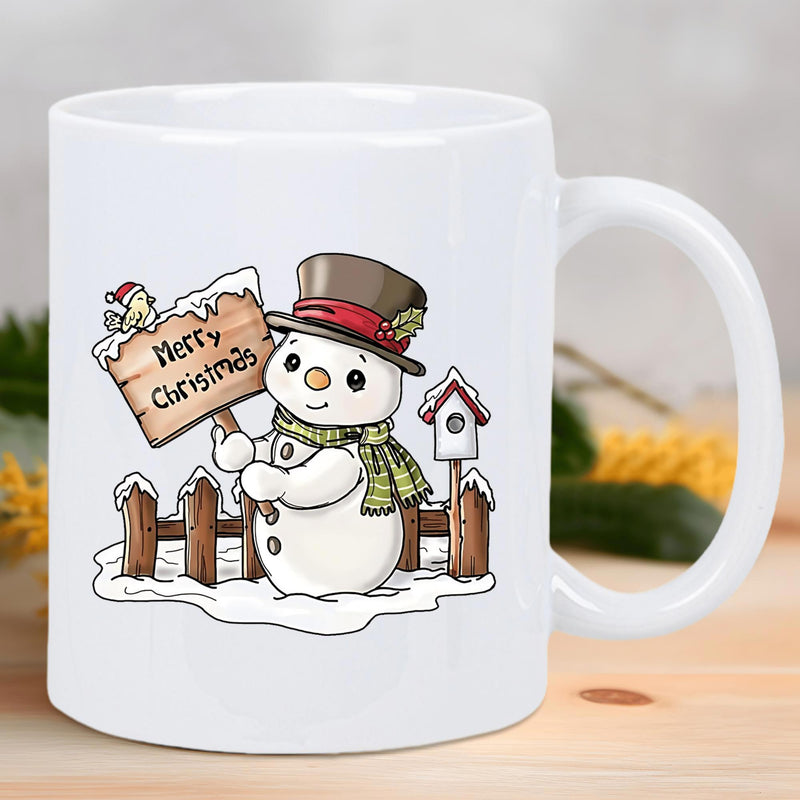 Tailorly White Ceramic 11 oz Mug - Merry Christmas Charming Winter Illustration With Top Hat Green Scarf And Little Bird Snowman