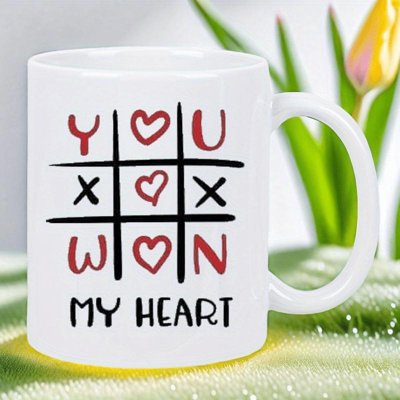 Tailorly White Ceramic 11 oz Mug - You Won My Heart Tic Tac Toe Grid With Romantic Hearts And Playful Script Heart