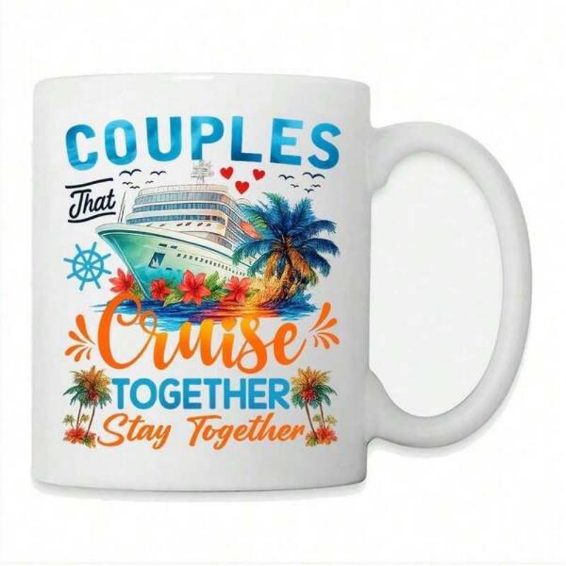 Tailorly White Ceramic 11 oz Mug - Couples That Cruise Together Stay Together Majestic Ship Sailing Through Tropical Waters With Palm Trees And Flowers Ship