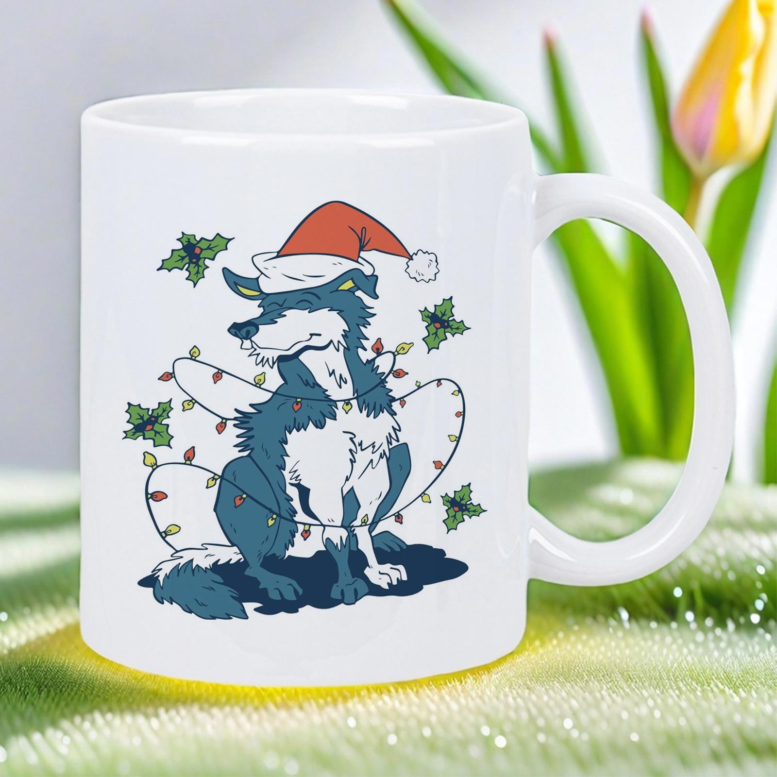 Tailorly White Ceramic 11 oz Mug - Festive Border Collie Wearing Red Santa Hat Wrapped In Glowing Holiday Lights Dog