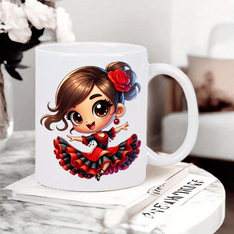Tailorly White Ceramic 11 oz Mug - Adorable Chibi Style Dancing Girl Wearing Vibrant Red Frilled Dress Flamenco Dancer
