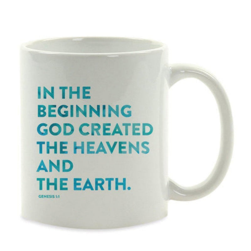 Tailorly White Ceramic 11 oz Mug - In The Beginning God Created The Heavens And The Earth Genesis 1 1 Simple Minimalist Design Featuring Blue Religious Scripture