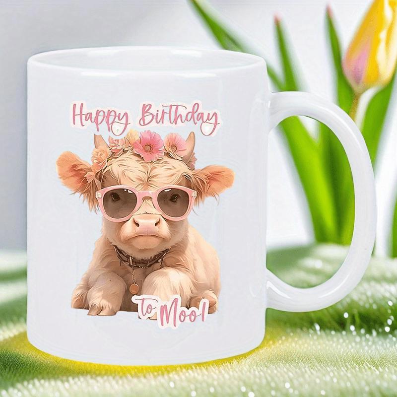 Tailorly White Ceramic 11 oz Mug - Happy Birthday To Moo Adorable Fluffy Baby Highland Cow Wearing Pink Floral Crown Cow