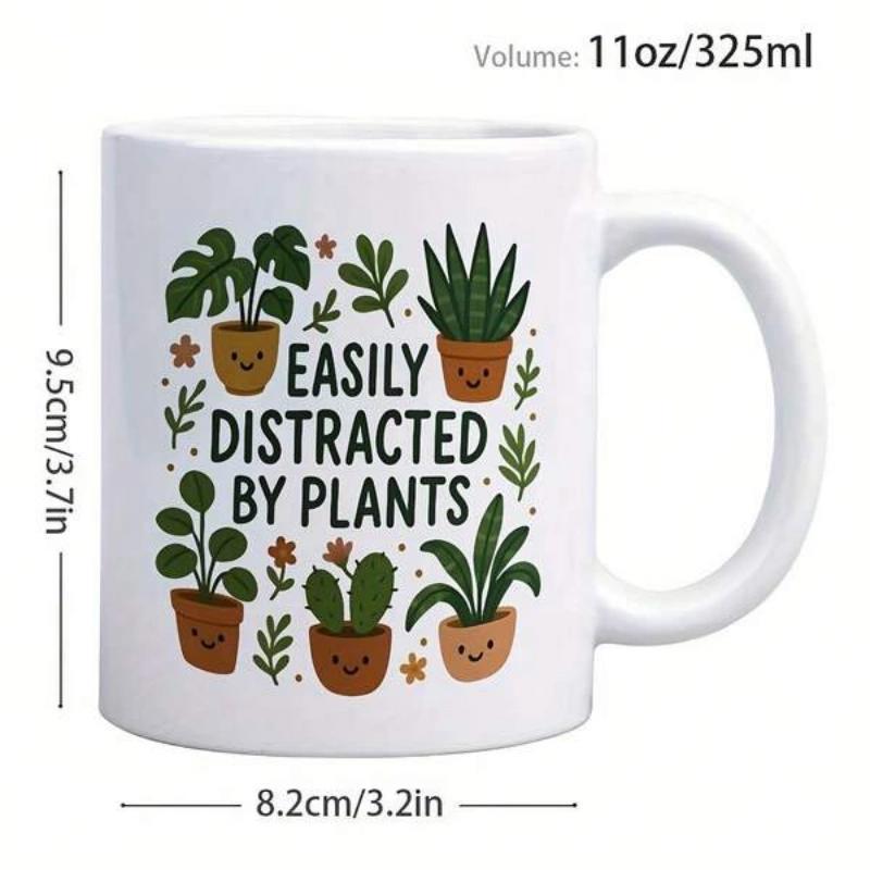 Tailorly White Ceramic 11 oz Mug - Easily Distracted By Plants Charming Collection Of Potted Greenery Featuring Small Cute Smiling Faces Plant