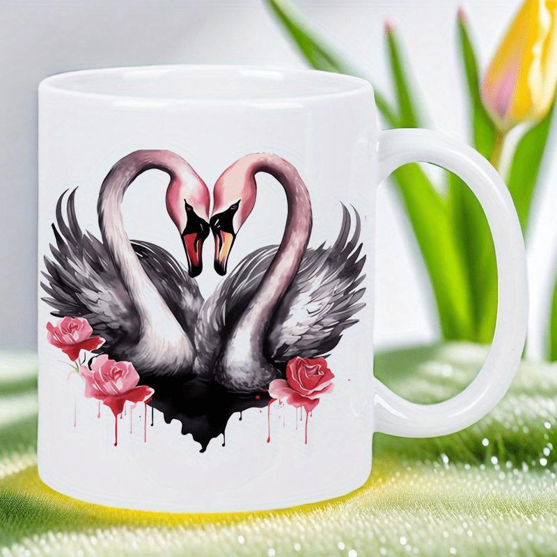 Tailorly White Ceramic 11 oz Mug - Elegant Pair Of Pink Swans Forming A Heart Surrounded By Roses Swan