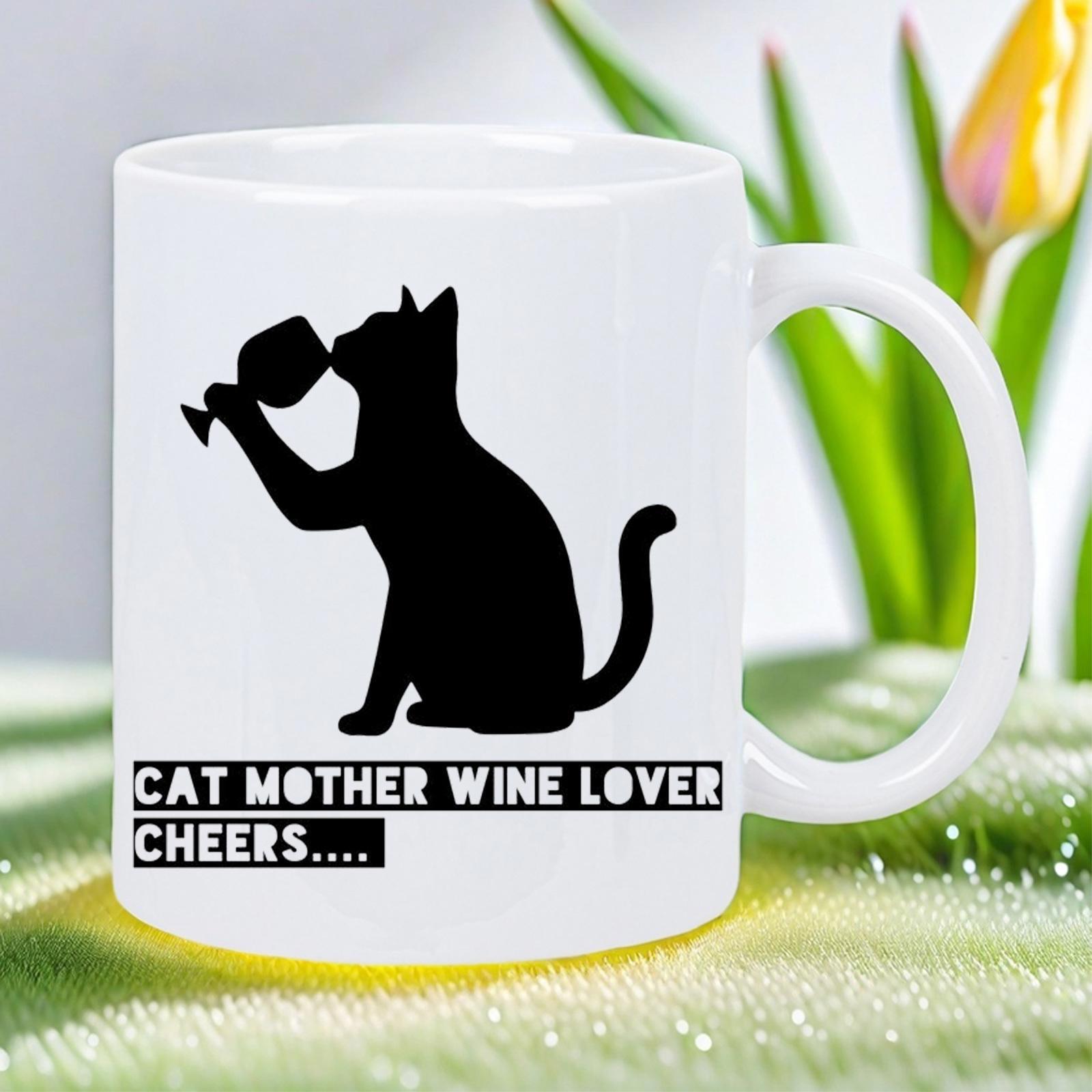 Tailorly White Ceramic 11 oz Mug - Cat Mother Wine Lover Cheers Elegant Black Silhouette Holding A Delicate Wine Glass Resting Peacefully Cat