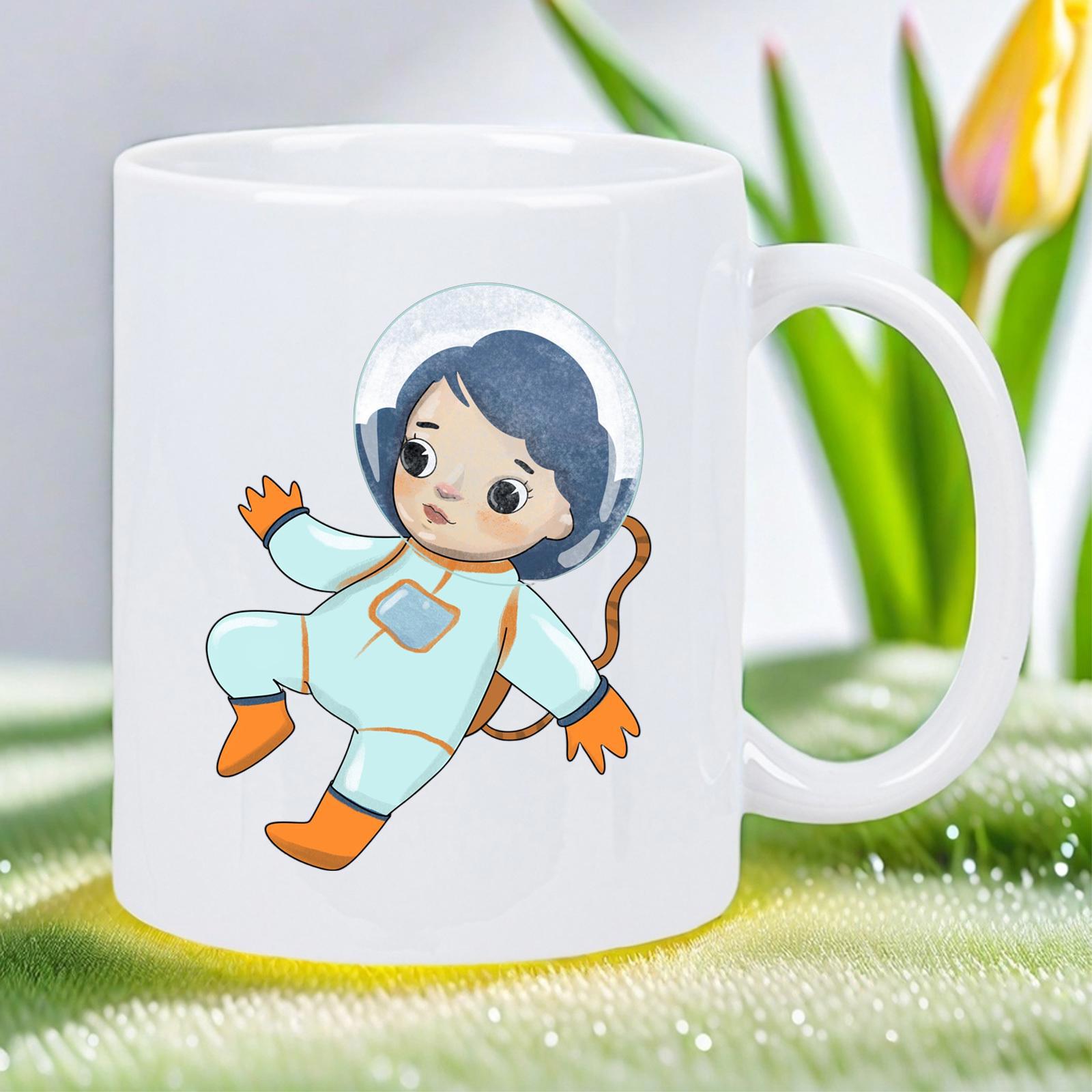 Tailorly White Ceramic 11 oz Mug - Cute Cartoon Girl Floating In Space Wearing Light Blue Spacesuit Astronaut