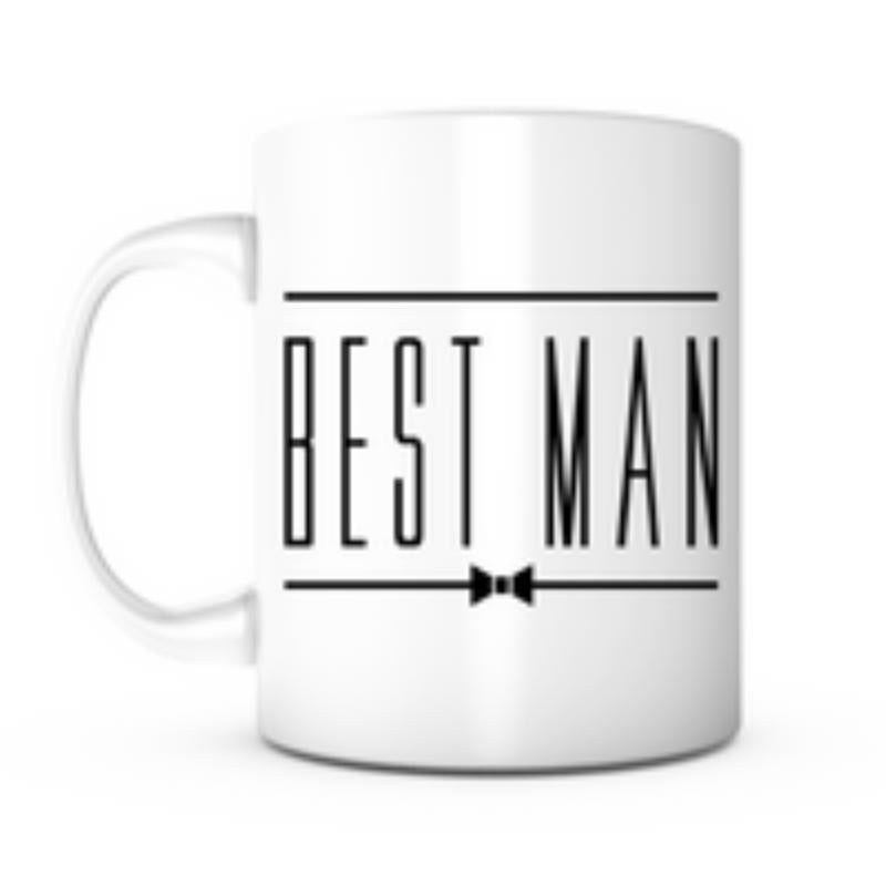 Tailorly White Ceramic 11 oz Mug - Best Man Tall Condensed Lettering Centered Between Horizontal Minimalist Lines Bow Tie