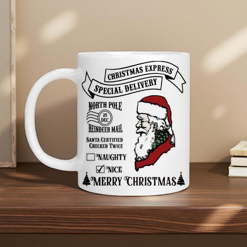 Tailorly White Ceramic 11 oz Mug - Christmas Express Special Delivery North Pole Reindeer Mail Santa Certified Checked Twice Naughty Nice Merry Christmas Vintage