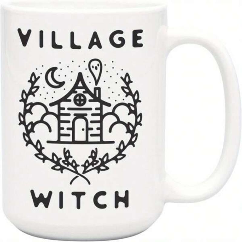Tailorly White Ceramic 11 oz Mug - Village Witch Mystical Night Scene With Whimsical Ghost Rising From A Laurel Wreath House
