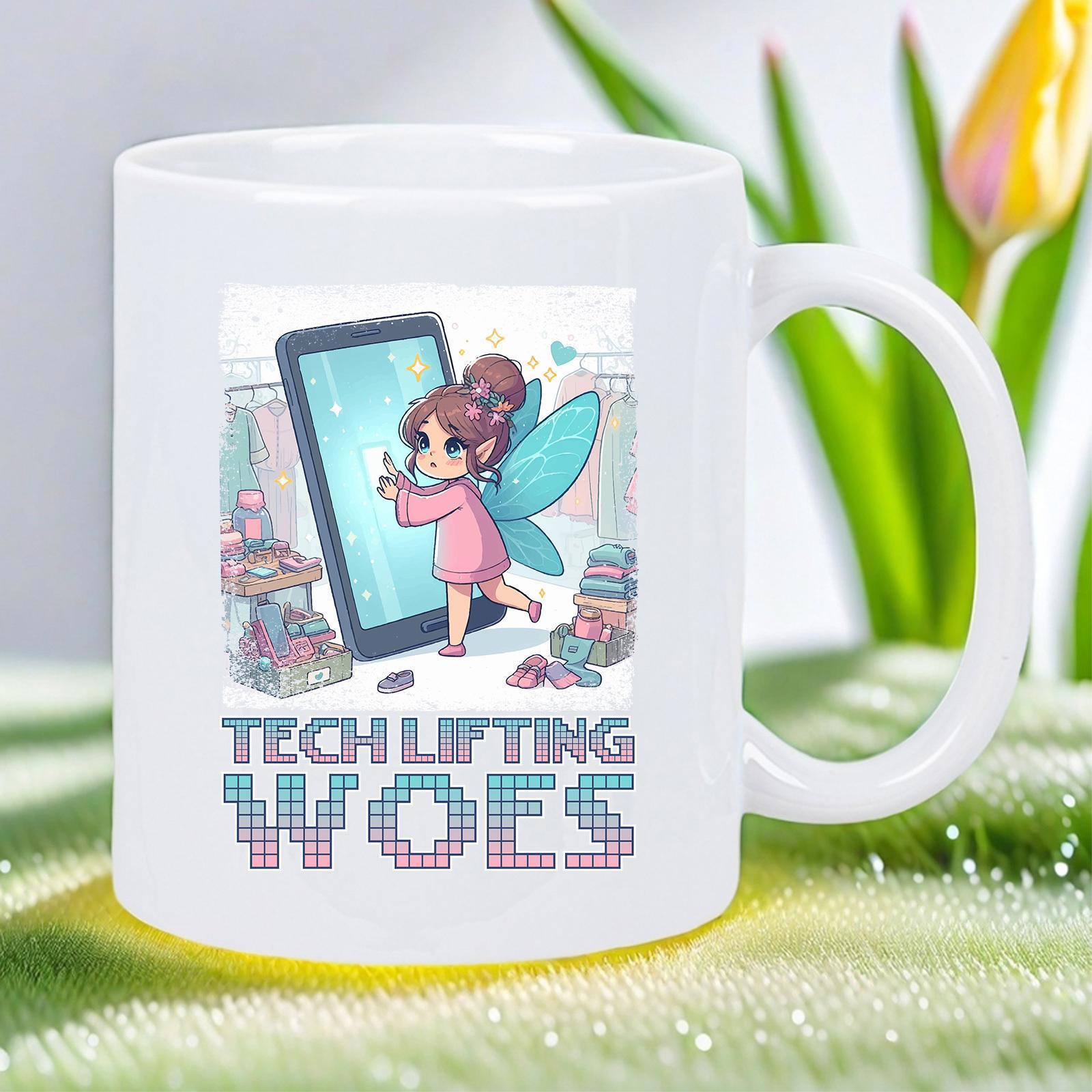 Tailorly White Ceramic 11 oz Mug - Tech Lifting Woes Little Fairy With Blue Wings Standing Near A Large Digital Smartphone Fairy
