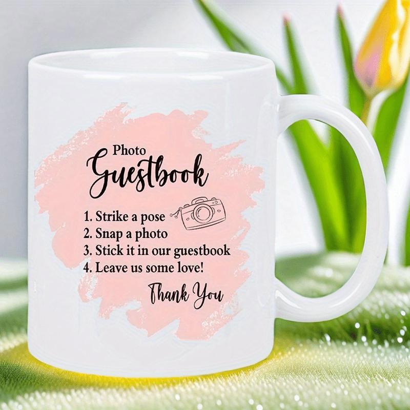 Tailorly White Ceramic 11 oz Mug - Photo Guestbook Thank You Pink Watercolor Splash Background With Minimalist Line Art Camera Illustration Mug