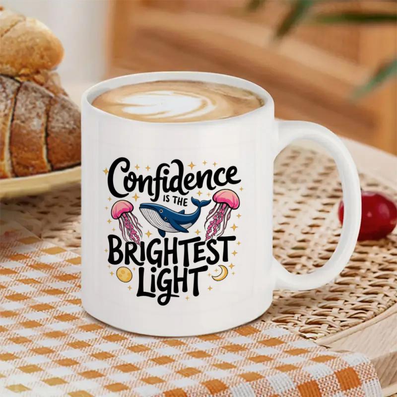 Tailorly White Ceramic 11 oz Mug - Confidence Is The Brightest Light Graceful Sea Creatures Floating In A Deep Blue Oceanic Atmosphere Whale