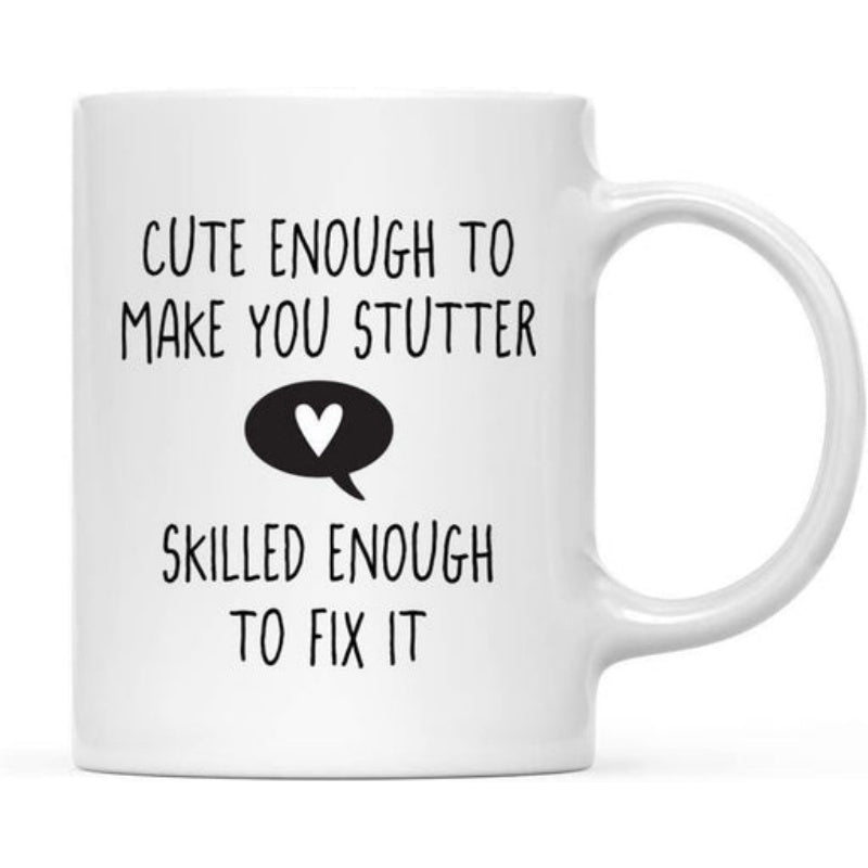 Tailorly White Ceramic 11 oz Mug - Cute Enough To Make You Stutter Skilled Enough To Fix It Minimalist Black Speech Bubble Featuring A Tiny White Centered Heart