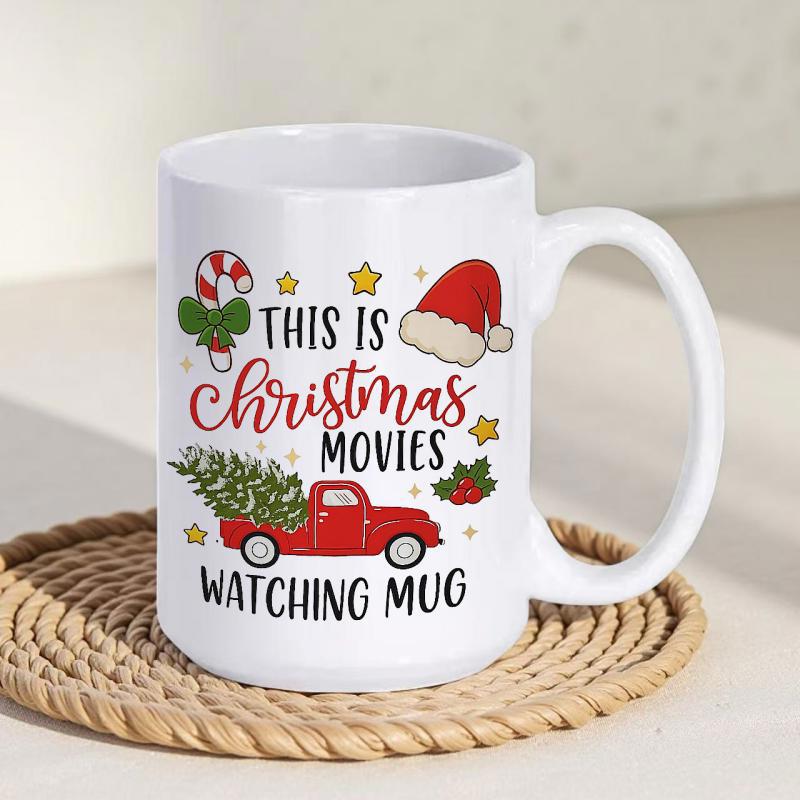 Tailorly White Ceramic 11 oz Mug - This Is Christmas Movies Watching Mug Festive Red Vintage Truck Carrying Evergreen Tree Among Stars Ornaments Truck