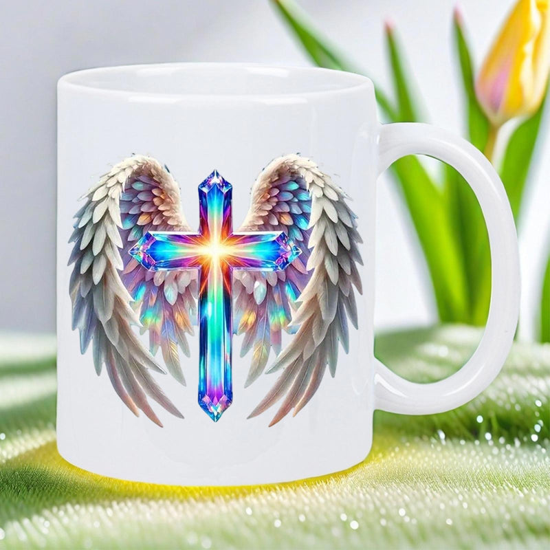 Tailorly White Ceramic 11 oz Mug - Radiant Crystal Textures With Shimmering Iridescent Wings Spreading Gracefully Behind Cross