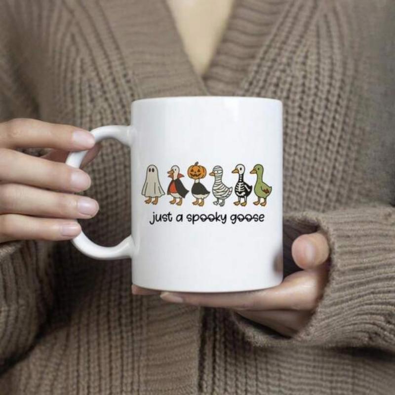 Tailorly White Ceramic 11 oz Mug - Just A Spooky Goose Row Of Playful Geese Wearing Festive Halloween Costumes And Spooky Accessories Goose