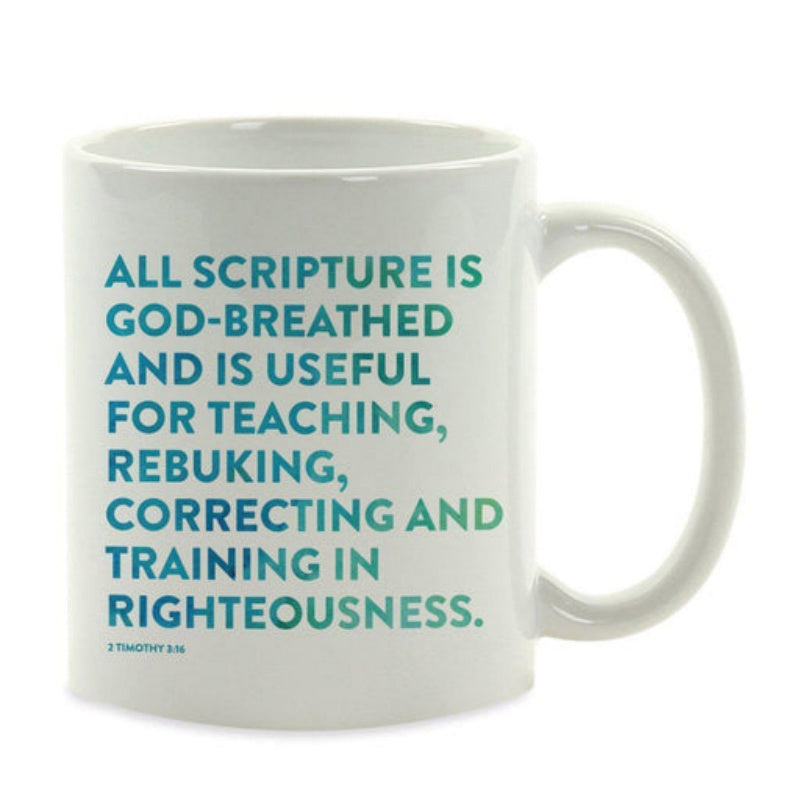 Tailorly White Ceramic 11 oz Mug - All Scripture Is God Breathed Minimalist White Ceramic Vessel Displaying Blue Inspirational Bible Verse Typography Mug