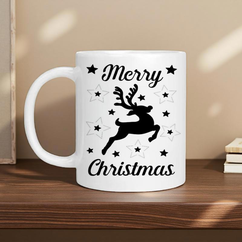 Tailorly White Ceramic 11 oz Mug - Merry Christmas Jumping Silhouette Surrounded By Twinkling Stars And Festive Holiday Atmosphere Reindeer