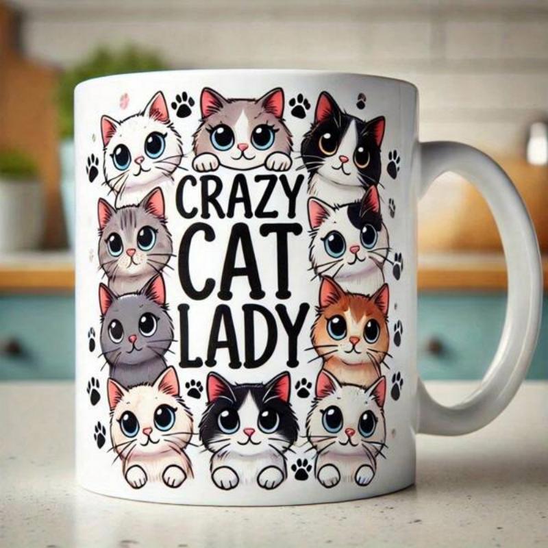 Tailorly White Ceramic 11 oz Mug - Crazy Cat Lady Cute Cartoon Kittens With Paw Prints Border Design Cat