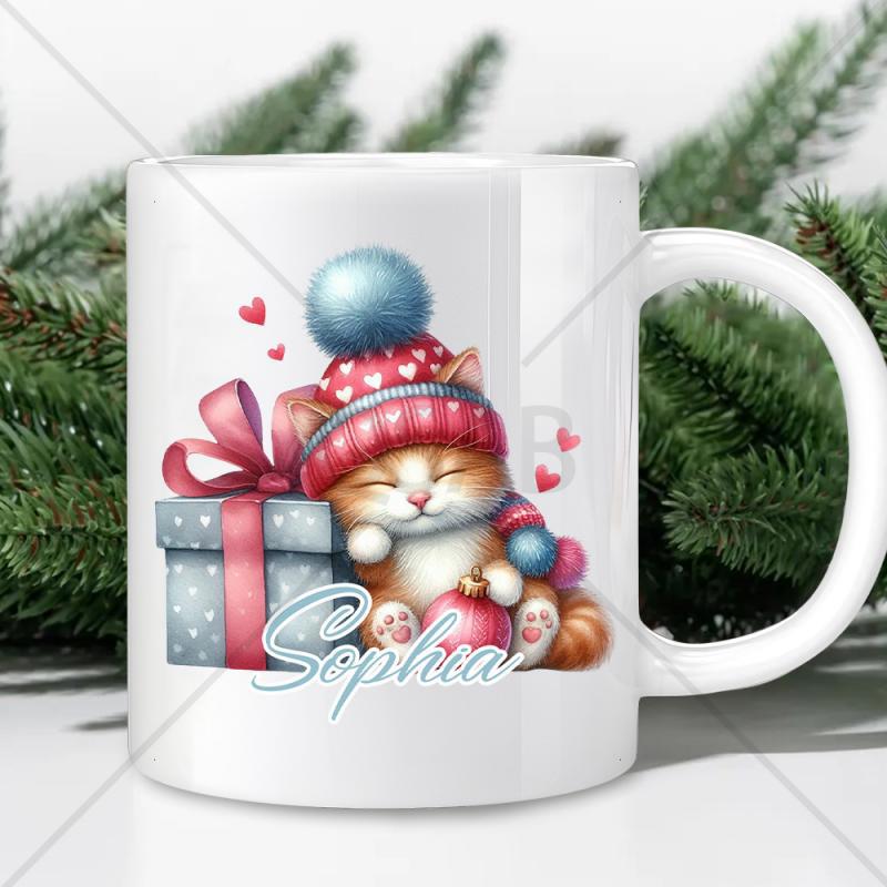 Tailorly White Ceramic 11 oz Mug - Sophia Wearing Red Hat Beside Gift Box With Tiny Hearts Kitten