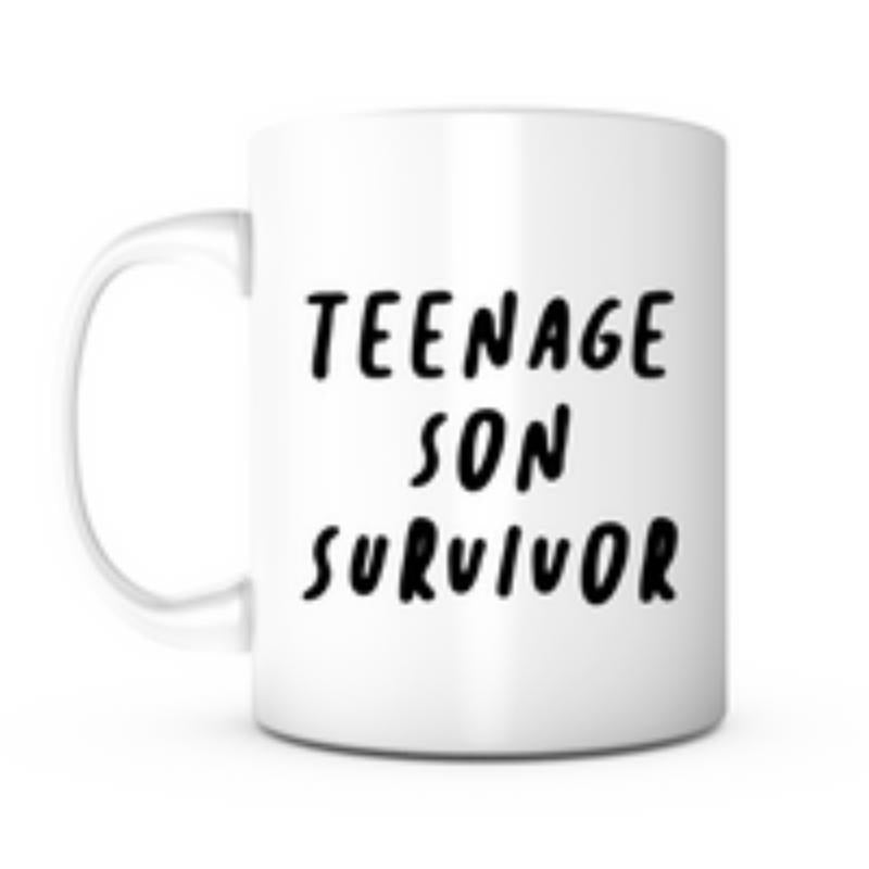 Tailorly White Ceramic 11 oz Mug - Teenage Son Survivor Bold Black Handwritten Typography Centered On Clean White Surface Mug