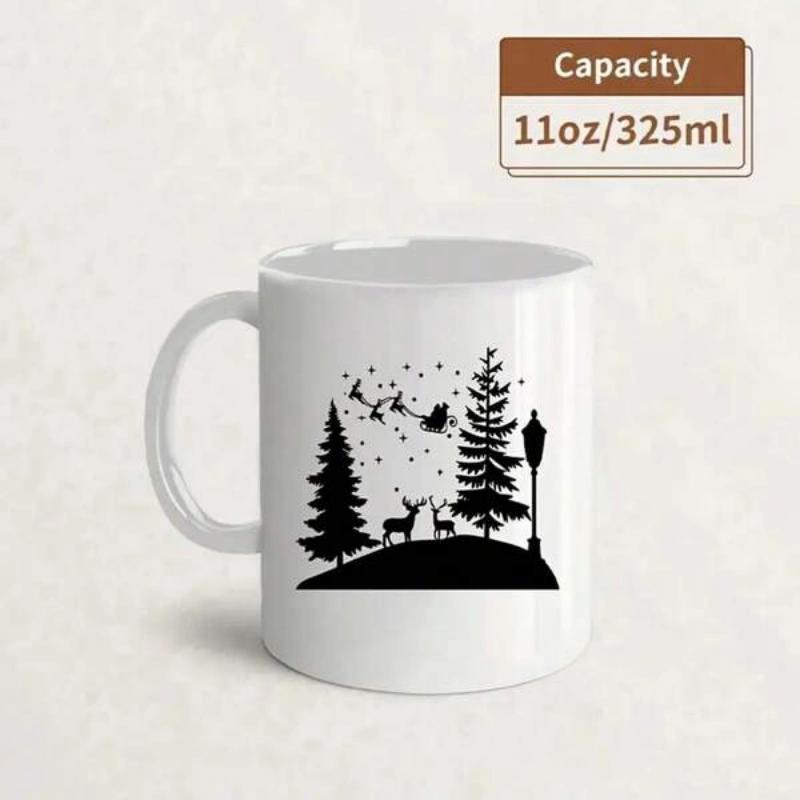 Tailorly White Ceramic 11 oz Mug - Winter Night With Flying Santa Sleigh Reindeer And Pine Trees Landscape