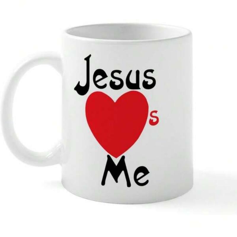 Tailorly White Ceramic 11 oz Mug - Jesus Loves Me Artistic Bold Black Lettering With A Large Vibrant Red Heart Mug