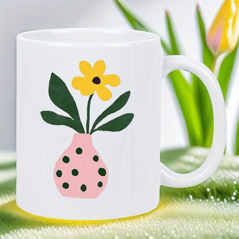 Tailorly White Ceramic 11 oz Mug - Minimalist Yellow Blooming Petals Inside Pink Polka Dot Spotted Ceramic Flower