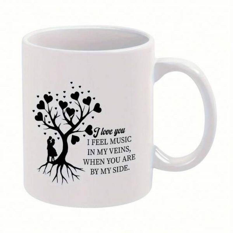 Tailorly White Ceramic 11 oz Mug - I Love You I Feel Music In My Veins When You Are By My Side Romantic Silhouette Featuring A Loving Couple Beneath Heart Shaped