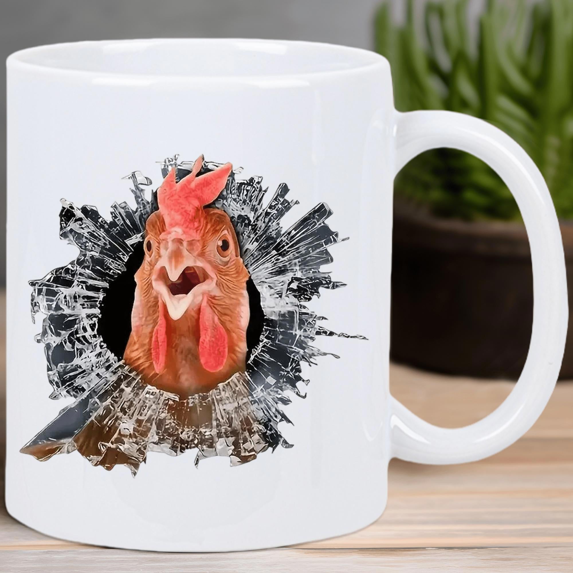 Tailorly White Ceramic 11 oz Mug - Funny Brown Farm Animal Peeking Through A Shattered Broken Wall Chicken