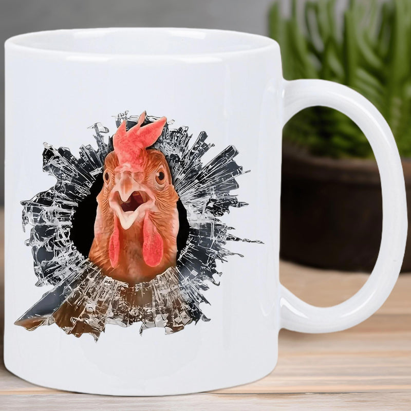 Tailorly White Ceramic 11 oz Mug - Funny Brown Farm Animal Peeking Through A Shattered Broken Wall Chicken