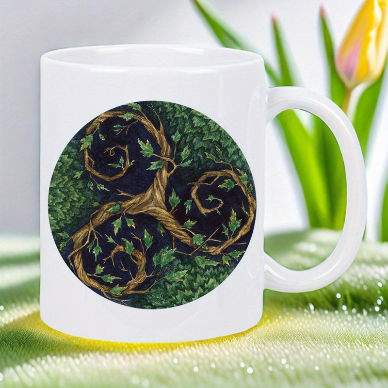 Tailorly White Ceramic 11 oz Mug - Ancient Twisted Tree Branches With Lush Green Leaves Formed In A Triskelion