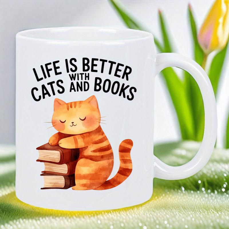 Tailorly White Ceramic 11 oz Mug - Life Is Better With Cats And Books Cute Orange Tabby Cat Hugging A Stack Of Books Cat