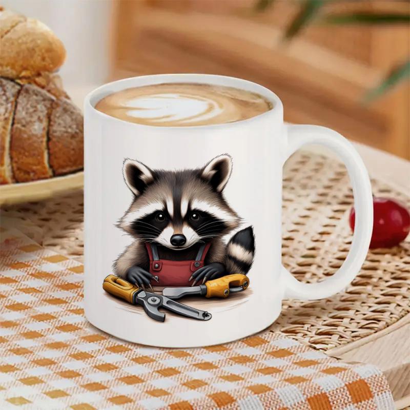 Tailorly White Ceramic 11 oz Mug - Charming Little Handyman Wearing Red Overalls Holding Industrial Pliers Raccoon