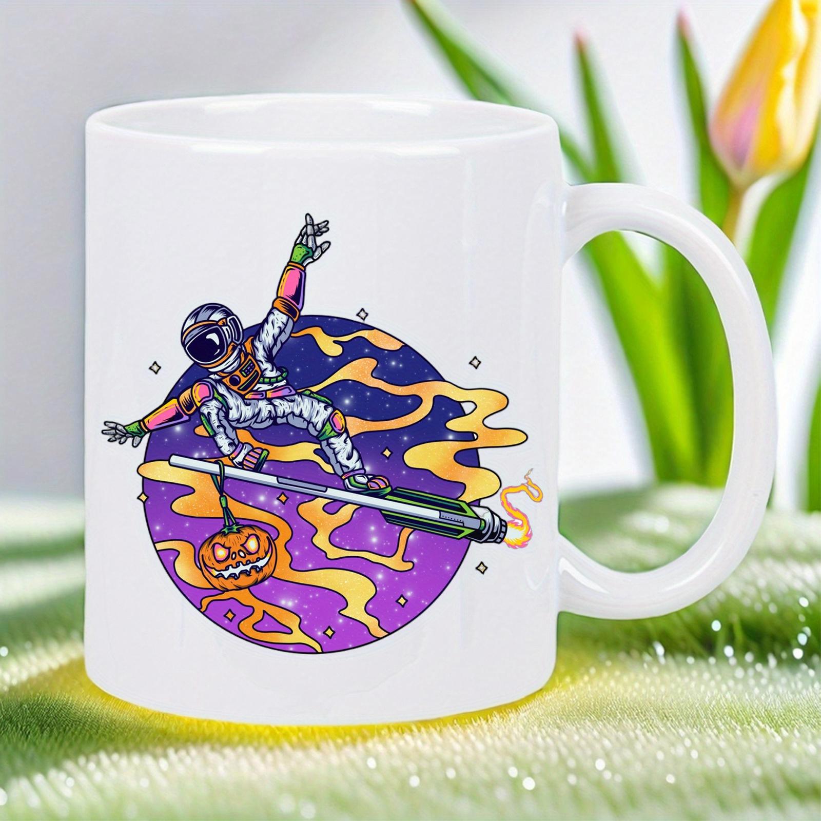 Tailorly White Ceramic 11 oz Mug - Adventurous Cosmic Traveler Surfing Through Vibrant Purple Space With Spooky Pumpkin Astronaut