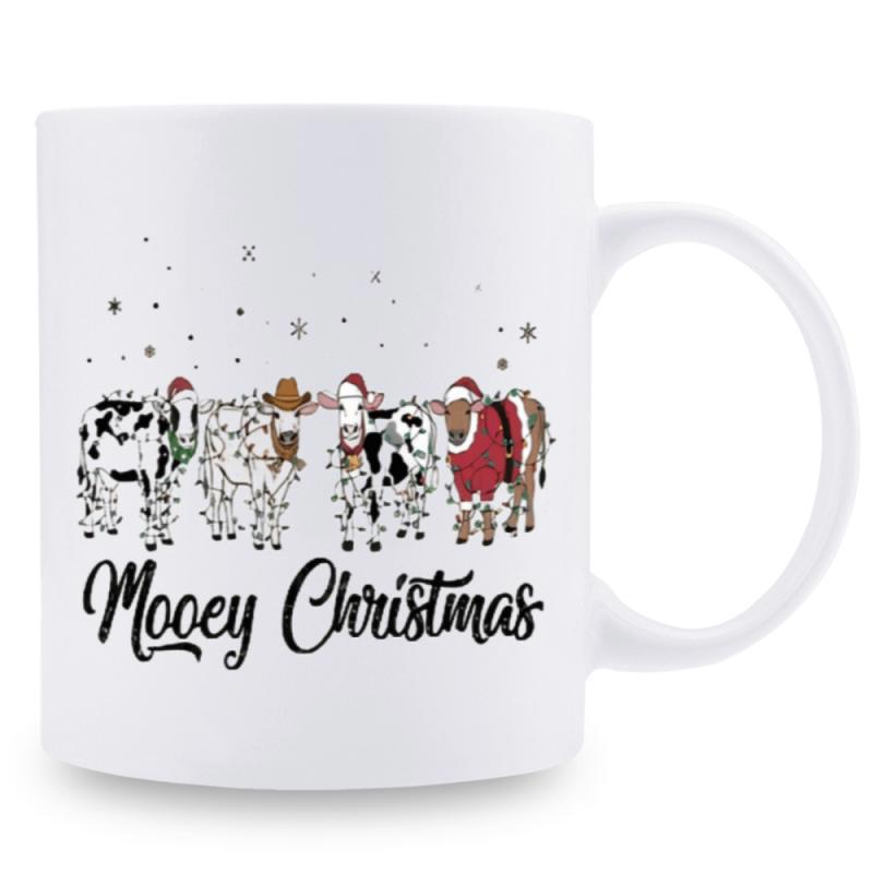 Tailorly White Ceramic 11 oz Mug - Mooey Christmas Festive Cartoon Herd Wearing Santa Hats And Christmas Lights Cow