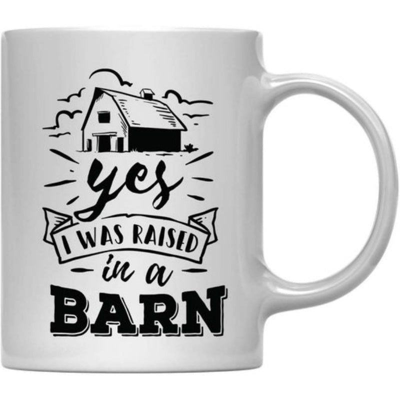 Tailorly White Ceramic 11 oz Mug - Yes I Was Raised In A Barn Simple Minimalist Black Ink Sketch Of Farm Building Barn