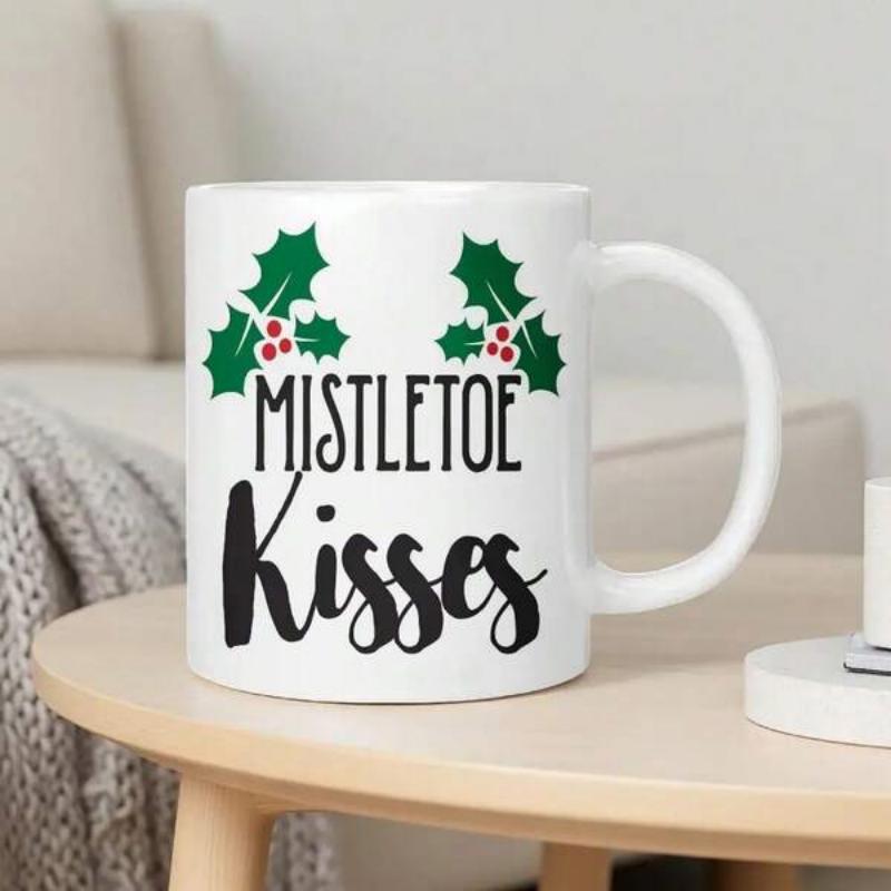 Tailorly White Ceramic 11 oz Mug - Mistletoe Kisses Festive Green Leaves With Bright Red Berries Seasonal Winter Decor Holly
