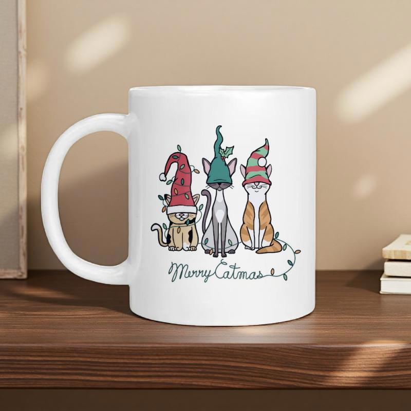 Tailorly White Ceramic 11 oz Mug - Merry Catmas Three Whimsical Cartoon Cats Wearing Festive Tall Holiday Gnome Hats Mug
