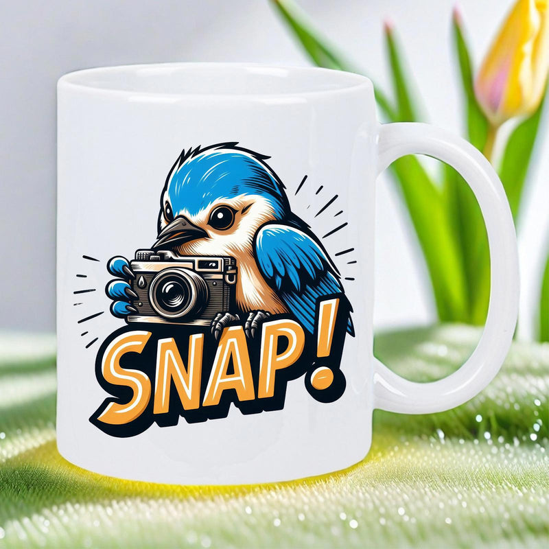 Tailorly White Ceramic 11 oz Mug - Snap Adorable Blue Feathered Friend Clutching Professional Mirrorless Camera Against Radiating Background Bird