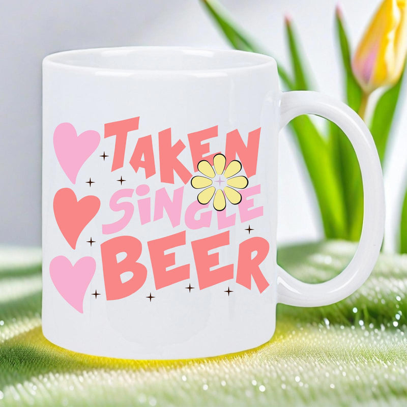 Tailorly White Ceramic 11 oz Mug - Taken Single Beer Vibrant Pink Hearts With Yellow Daisy Among Sparkles Mug