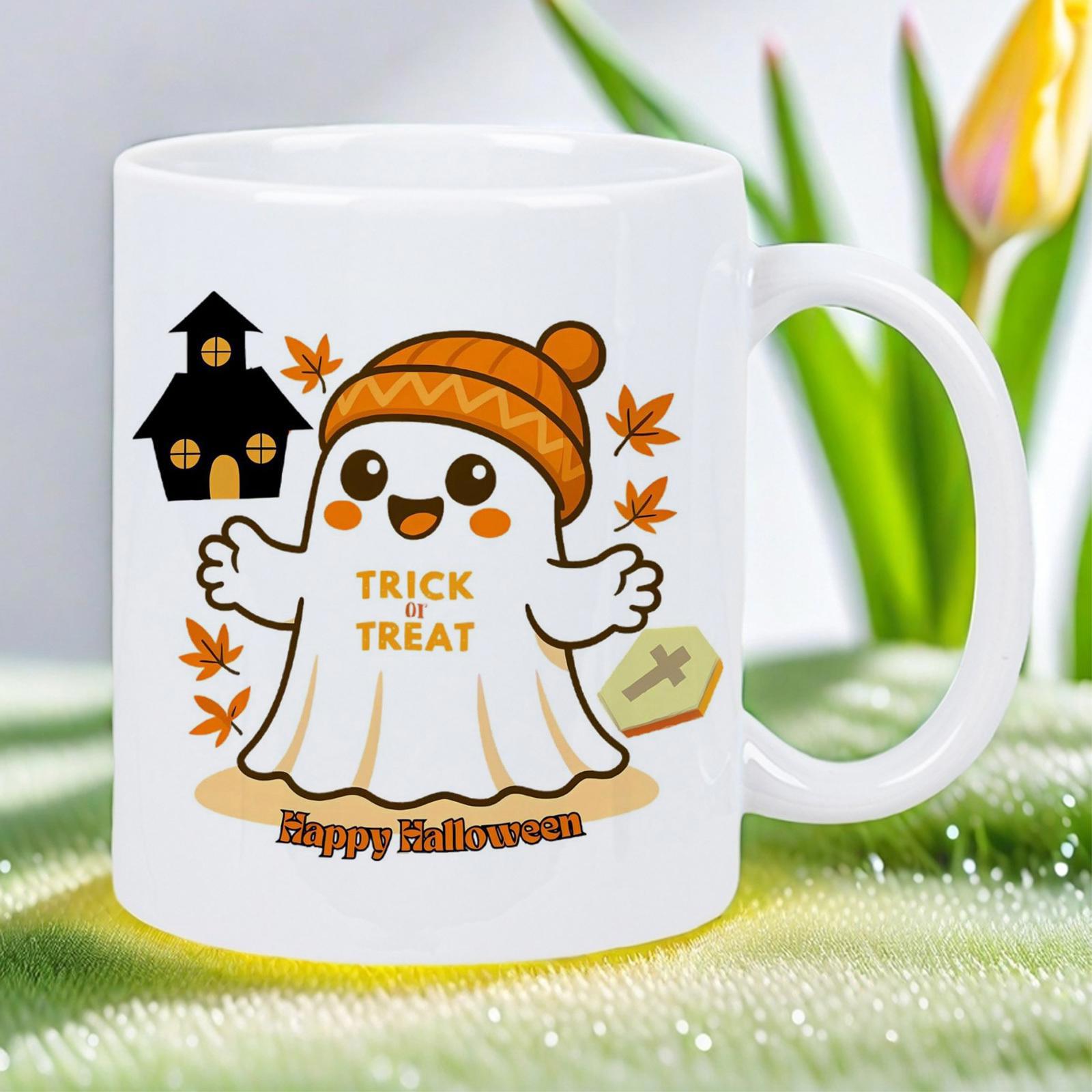 Tailorly White Ceramic 11 oz Mug - Trick Or Treat Happy Halloween Adorable Little Cartoon Figure Wearing Orange Beanie Among Autumn Leaves Ghost