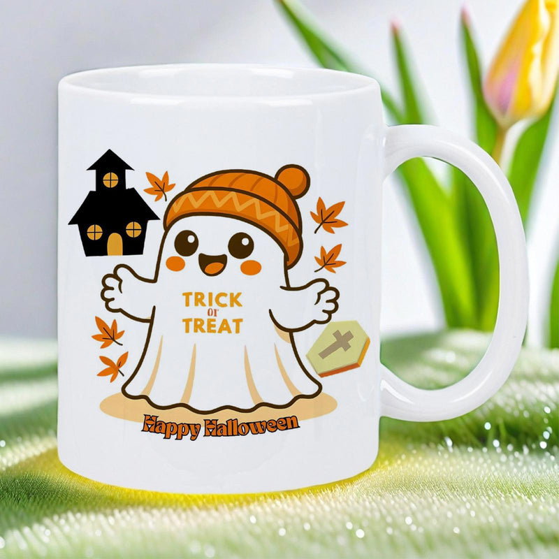Tailorly White Ceramic 11 oz Mug - Trick Or Treat Happy Halloween Adorable Little Cartoon Figure Wearing Orange Beanie Among Autumn Leaves Ghost