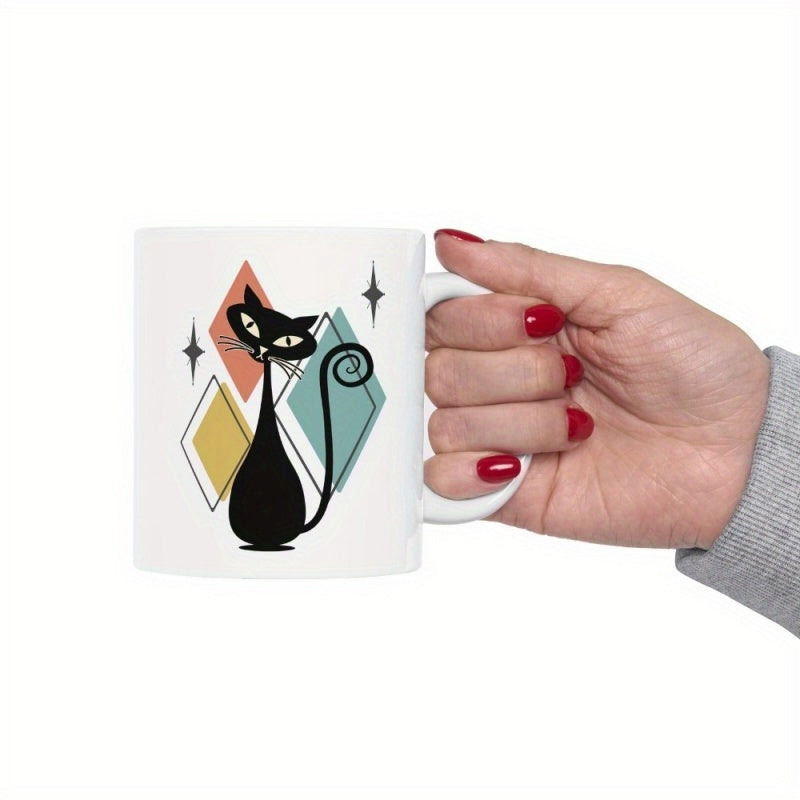 Tailorly White Ceramic 11 oz Mug - Mid Century Modern Atomic Style Silhouette With Geometric Colorful Diamond Shapes Cat