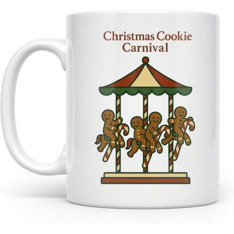 Tailorly White Ceramic 11 oz Mug - Christmas Cookie Carnival Festive Holiday Gingerbread Men Riding Candy Canes Under Striped Canopy Carousel