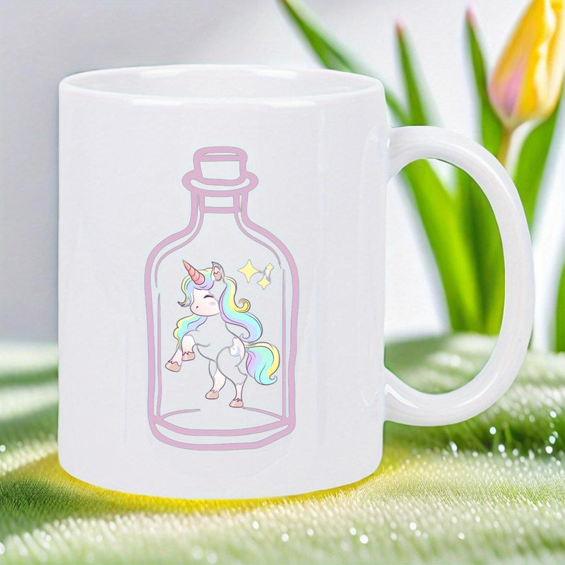 Tailorly White Ceramic 11 oz Mug - Whimsical Rainbow Mane Creature Inside A Pink Outlined Glass Bottle Unicorn