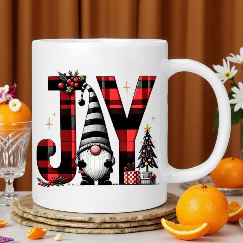 Tailorly White Ceramic 11 oz Mug - Joy Festive Buffalo Plaid Letters Standing Beside A Decorated Christmas Tree Gnome